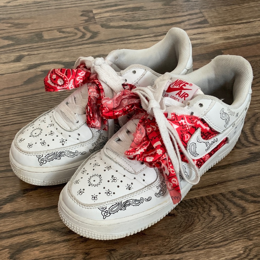 Nike Air Force 1 Red White Sneakers with Red Bandana Accents